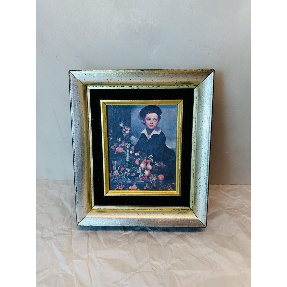Vintage Silver Leaf Framed Boy With Still Life Lithograph Art 8x7 Inch